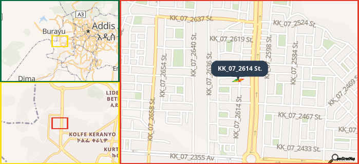 Map showing the address of KK_07_2614 St. in three different zoom levels.