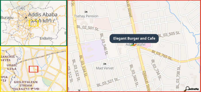 Map showing the address of Elegant Burger and Cafe in three different zoom levels.