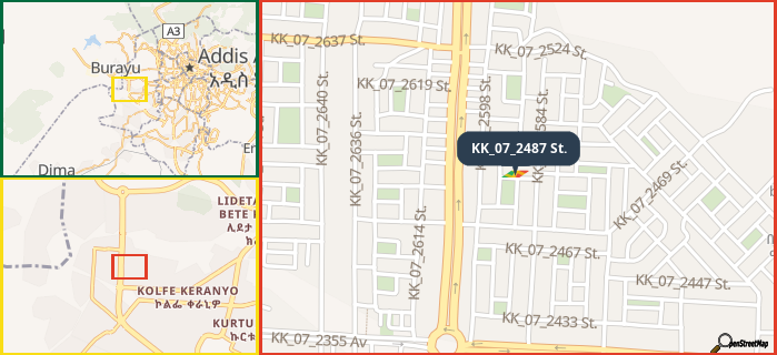 Map showing the address of KK_07_2487 St. in three different zoom levels.