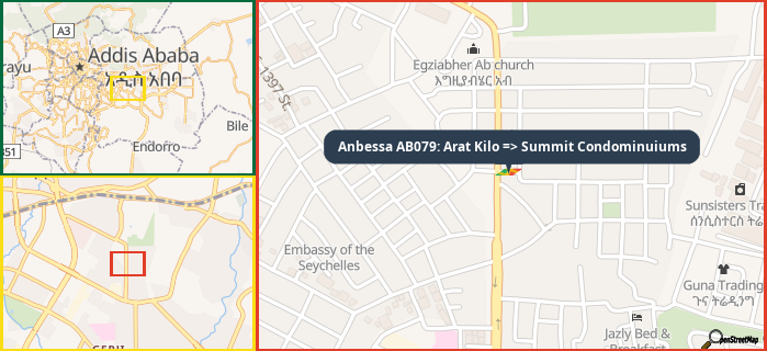 Map showing the address of Anbessa AB079: Arat Kilo => Summit Condominuiums in three different zoom levels.