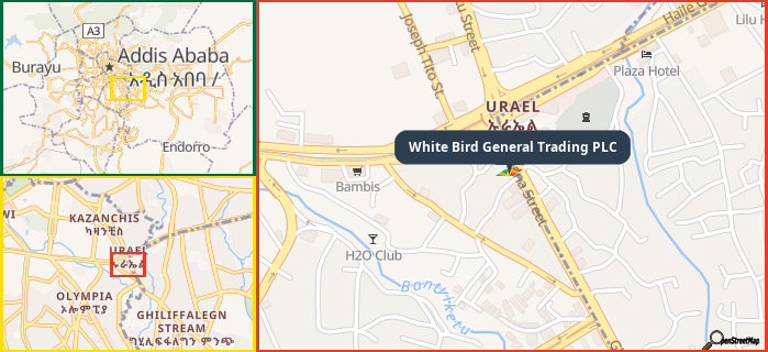 Map showing the address of White Bird General Trading PLC in three different zoom levels.