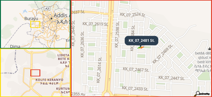 Map showing the address of KK_07_2481 St. in three different zoom levels.