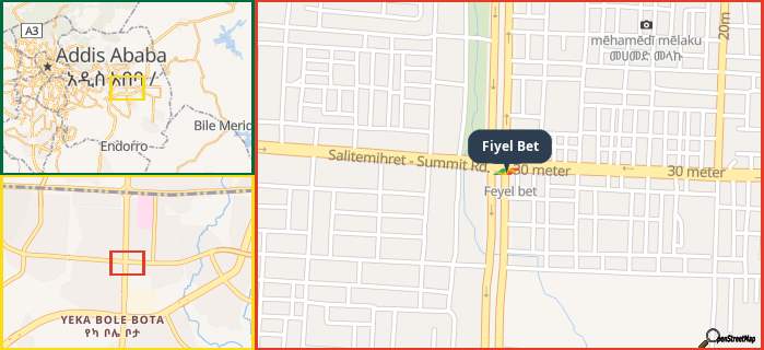 Map showing the address of Fiyel Bet in three different zoom levels.