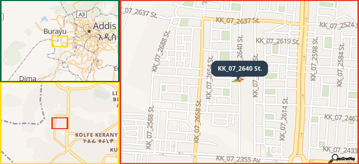 Map showing the address of KK_07_2640 St. in three different zoom levels.