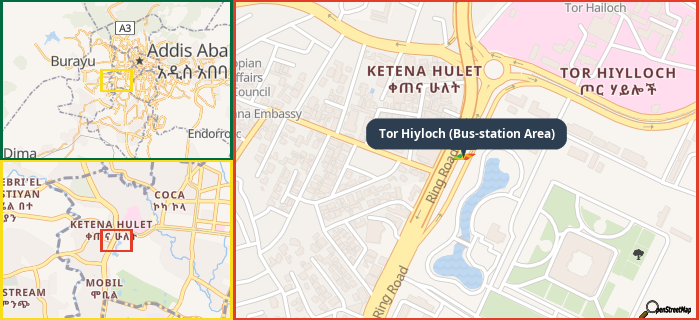 Map showing the address of Tor Hiyloch (Bus-station Area) in three different zoom levels.