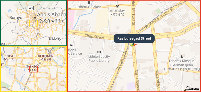 Map showing the address of Ras Lulseged Street in three different zoom levels.