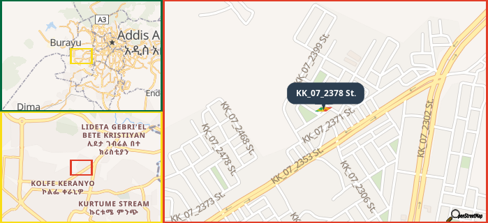 Map showing the address of KK_07_2378 St. in three different zoom levels.