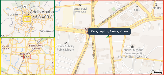 Map showing the address of Kera, Laphto, Sarise, Kirkos in three different zoom levels.