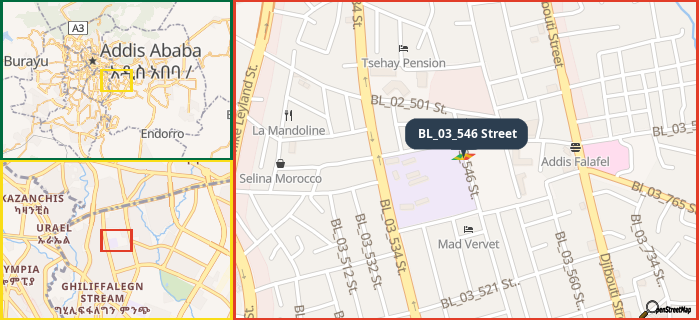 Map showing the address of BL_03_546 Street in three different zoom levels.