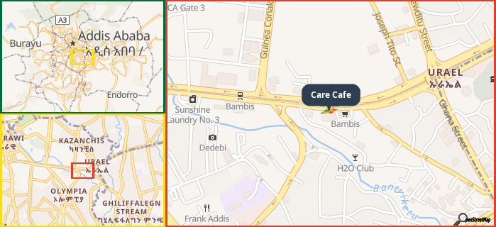 Map showing the address of Care Cafe in three different zoom levels.