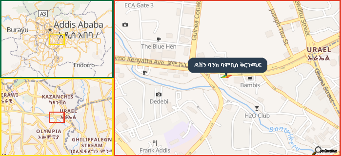 Map showing the address of ዳሽን ባንክ ባምቢስ ቅርንጫፍ in three different zoom levels.