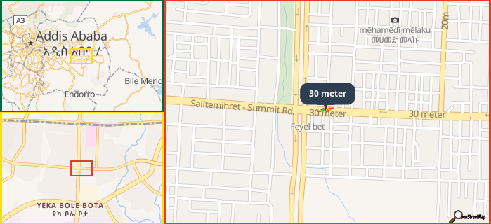 Map showing the address of 30 meter in three different zoom levels.