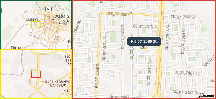 Map showing the address of KK_07_2589 St. in three different zoom levels.