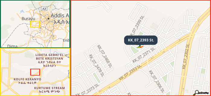 Map showing the address of KK_07_2393 St. in three different zoom levels.