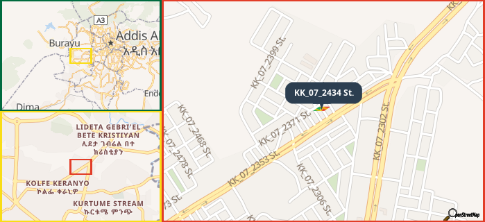 Map showing the address of KK_07_2434 St. in three different zoom levels.