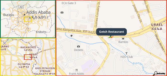 Map showing the address of Getsh Restaurant in three different zoom levels.