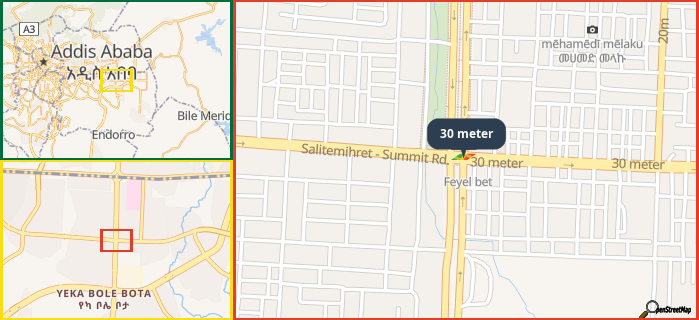 Map showing the address of 30 meter in three different zoom levels.