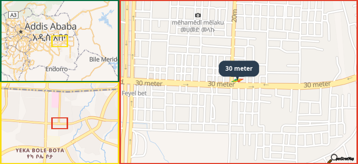 Map showing the address of 30 meter in three different zoom levels.