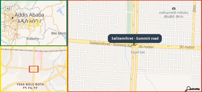 Map showing the address of Salitemihret - Summit road in three different zoom levels.