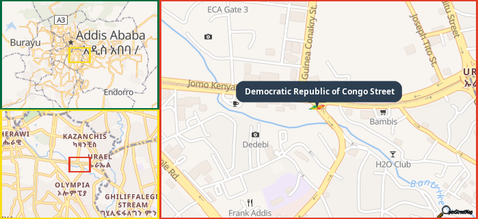 Map showing the address of Democratic Republic of Congo Street in three different zoom levels.