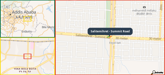 Map showing the address of Salitemihret - Summit Road in three different zoom levels.