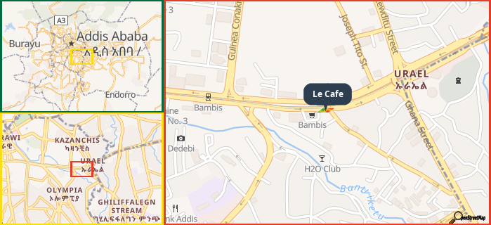 Map showing the address of Le Cafe in three different zoom levels.