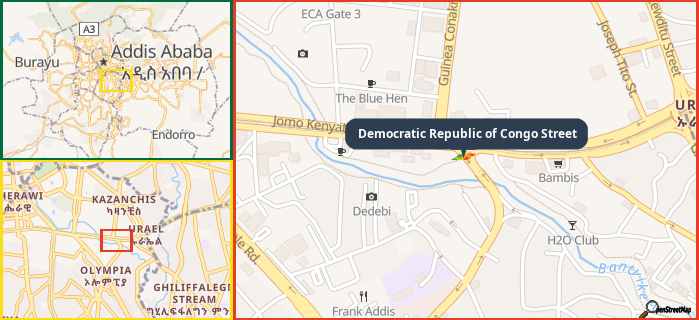 Map showing the address of Democratic Republic of Congo Street in three different zoom levels.