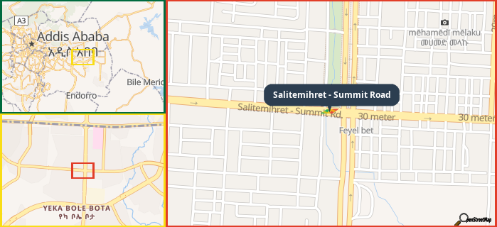 Map showing the address of Salitemihret - Summit Road in three different zoom levels.