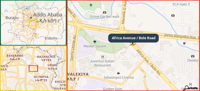 Map showing the address of Africa Avenue / Bole Road in three different zoom levels.