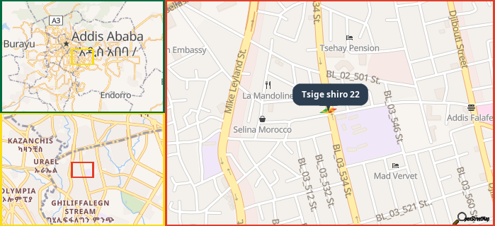 Map showing the address of Tsige shiro 22 in three different zoom levels.