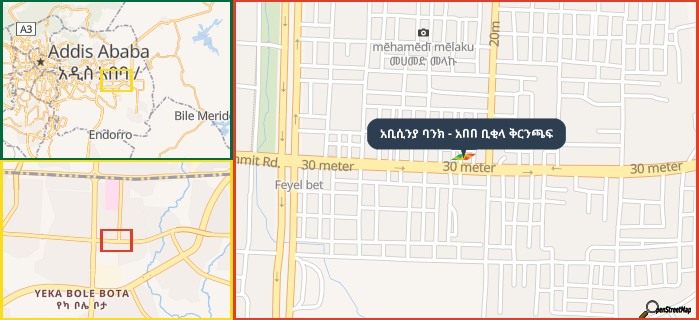 Map showing the address of አቢሲንያ ባንክ - አበበ ቢቂላ ቅርንጫፍ in three different zoom levels.