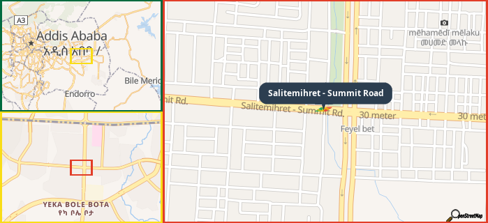 Map showing the address of Salitemihret - Summit Road in three different zoom levels.