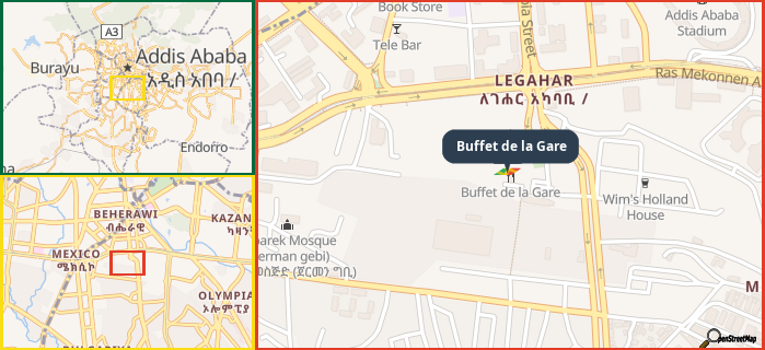 Map showing the address of Buffet de la Gare in three different zoom levels.