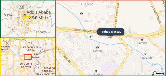 Map showing the address of Tsehay Messay in three different zoom levels.