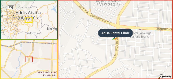 Map showing the address of Anisa Dental Clinic in three different zoom levels.