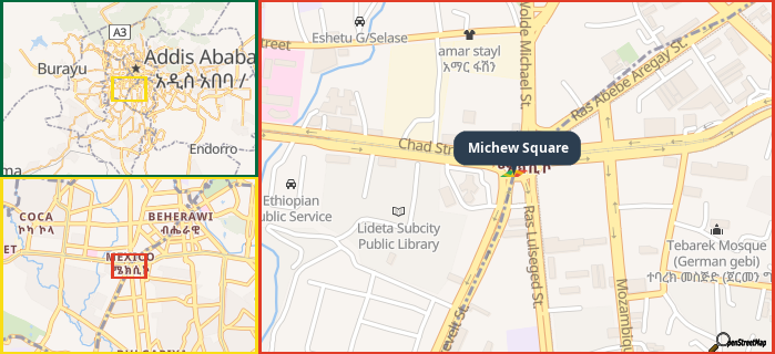 Map showing the address of Michew Square in three different zoom levels.