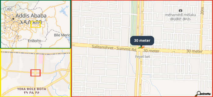 Map showing the address of 30 meter in three different zoom levels.