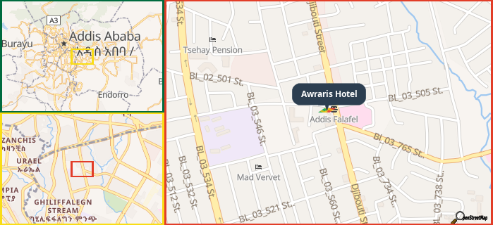 Map showing the address of Awraris Hotel in three different zoom levels.