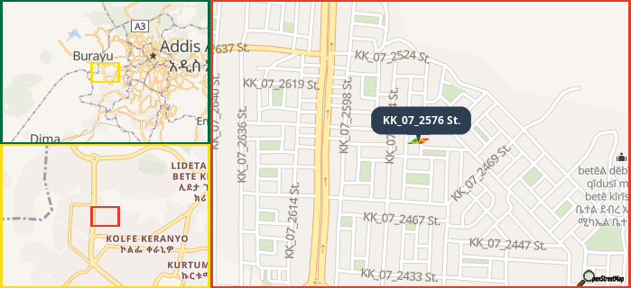 Map showing the address of KK_07_2576 St. in three different zoom levels.