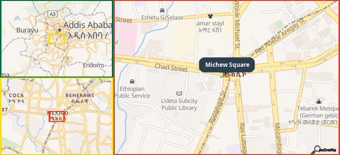 Map showing the address of Michew Square in three different zoom levels.