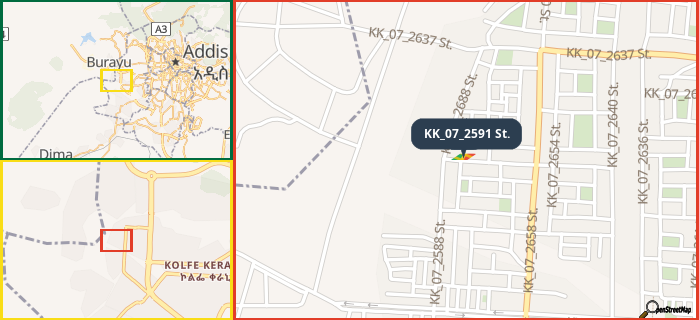 Map showing the address of KK_07_2591 St. in three different zoom levels.