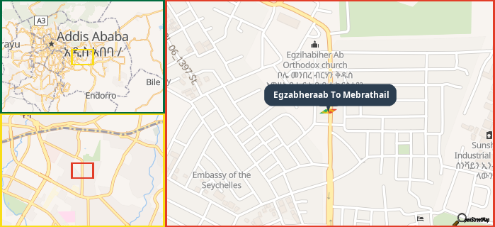 Map showing the address of Egzabheraab To Mebrathail in three different zoom levels.