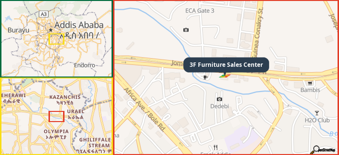 Map showing the address of 3F Furniture Sales Center in three different zoom levels.