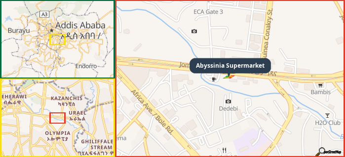 Map showing the address of Abyssinia Supermarket in three different zoom levels.