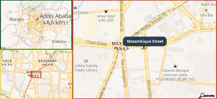 Map showing the address of Mozambique Street in three different zoom levels.