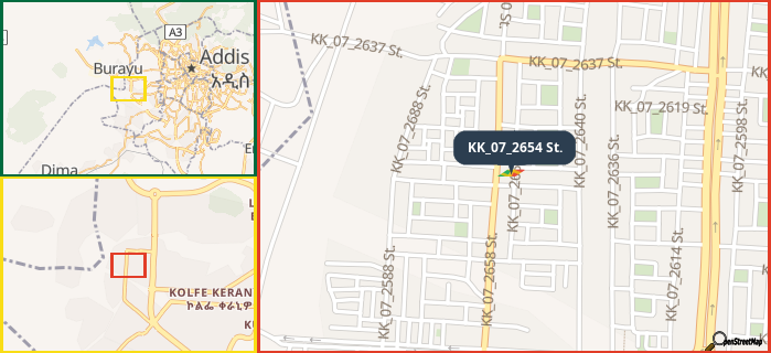 Map showing the address of KK_07_2654 St. in three different zoom levels.