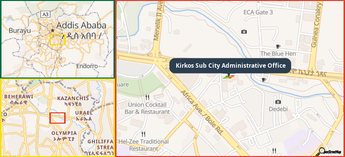 Map showing the address of Kirkos Sub City Administrative Office in three different zoom levels.