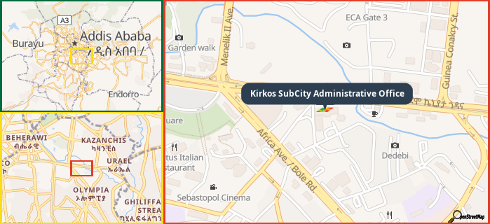 Map showing the address of Kirkos SubCity Administrative Office in three different zoom levels.