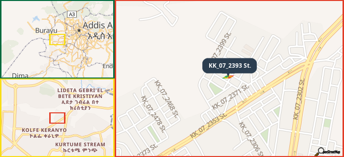 Map showing the address of KK_07_2393 St. in three different zoom levels.