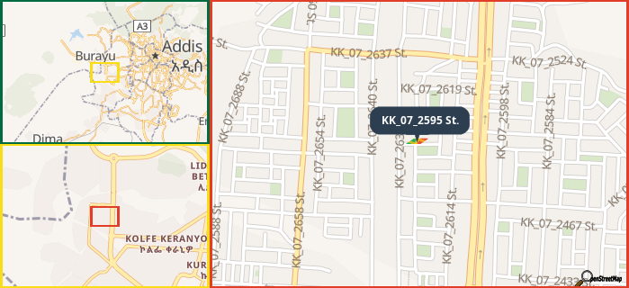 Map showing the address of KK_07_2595 St. in three different zoom levels.